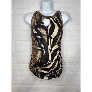 Venus Halter Top Women's Small animal Print Zebra Leopard Gold Trim Keyhole Ruch